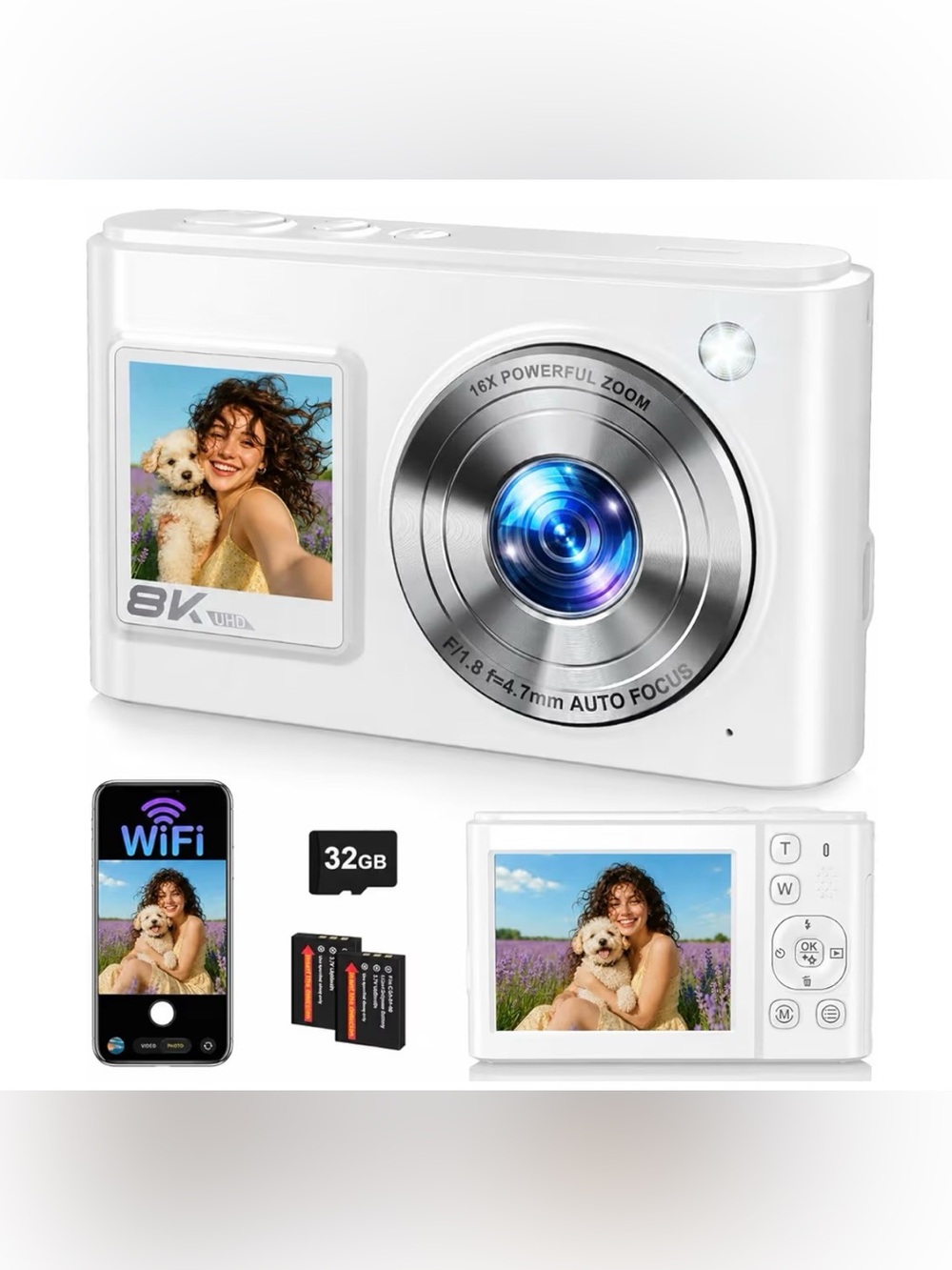 Compact 8K White Digital Camera with 16x Zoom and WiFi